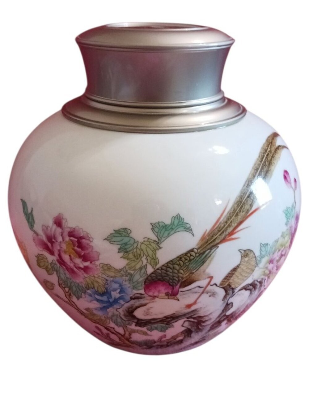 Chinese Porcelain Bird Motif & Peony Tea Storage Jar W/ Lid Porcelain
